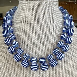 Vintage Acrylic Blue and White Striped Bead Necklace Original Shepherds Hook